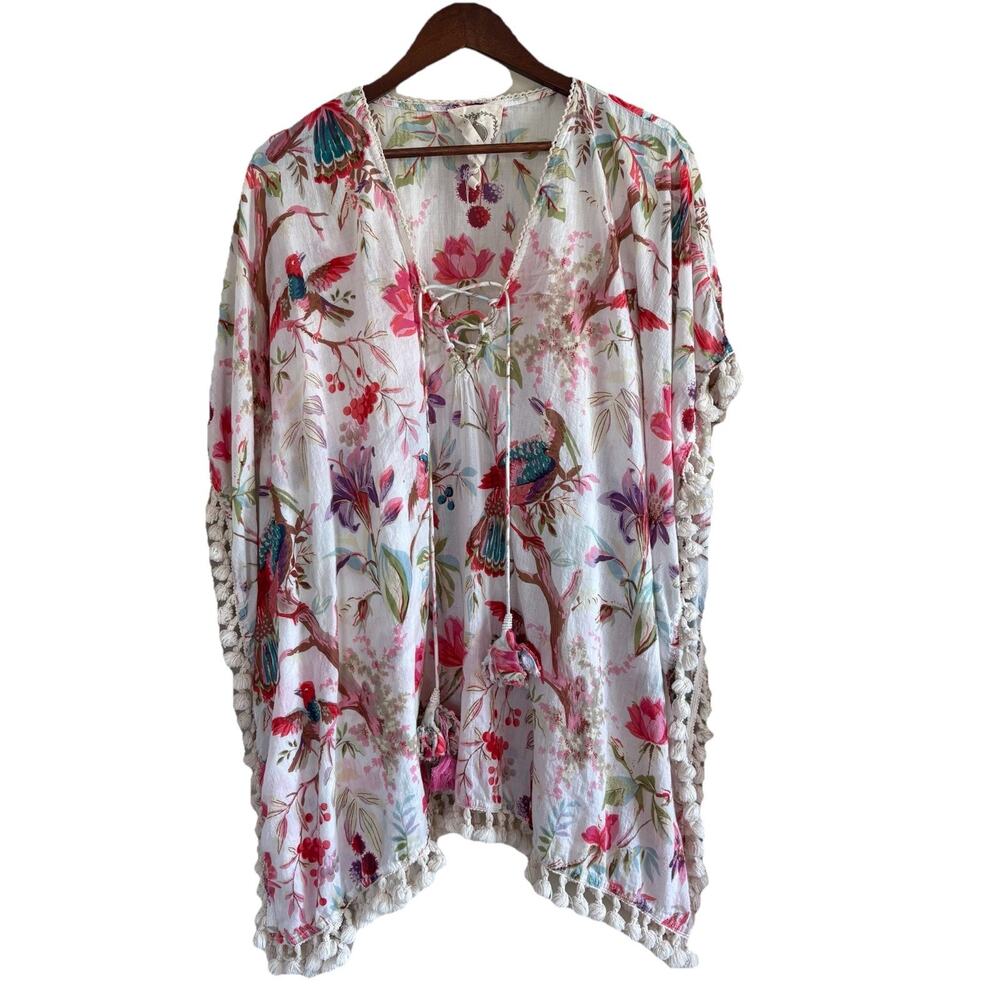 Z&L Europe Floral and Bird Swim Cover-up Poncho Kimono Vacation Travel Boho OS